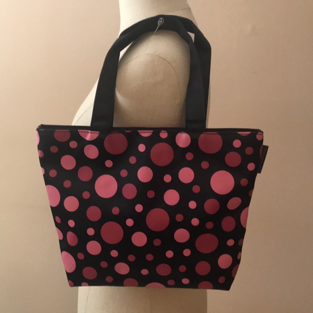 Small Tapered Tote Pink & Red Polka Dots on Black
